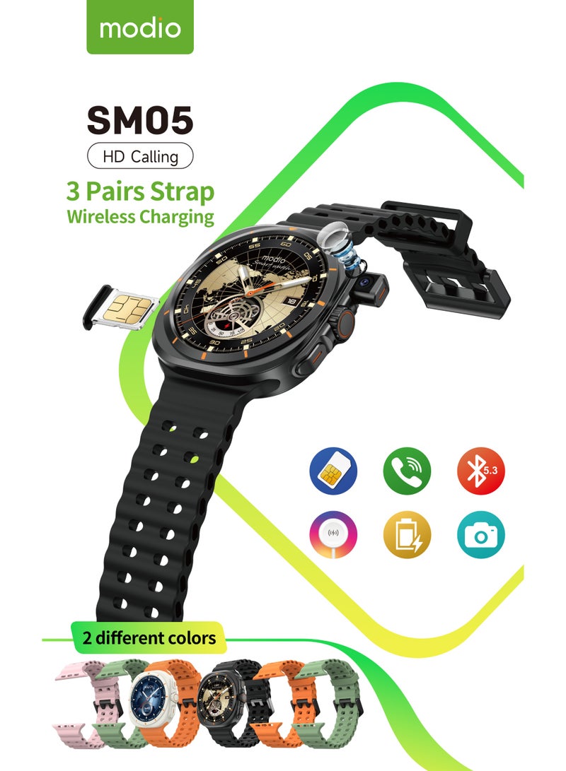 موديو ساعة موديو SM05 الذكية، تدعم شريحة SIM، مزودة بثلاثة أزواج من الأساور وكابل شحن، مصممة للرجال، لون أسود. - Image 2